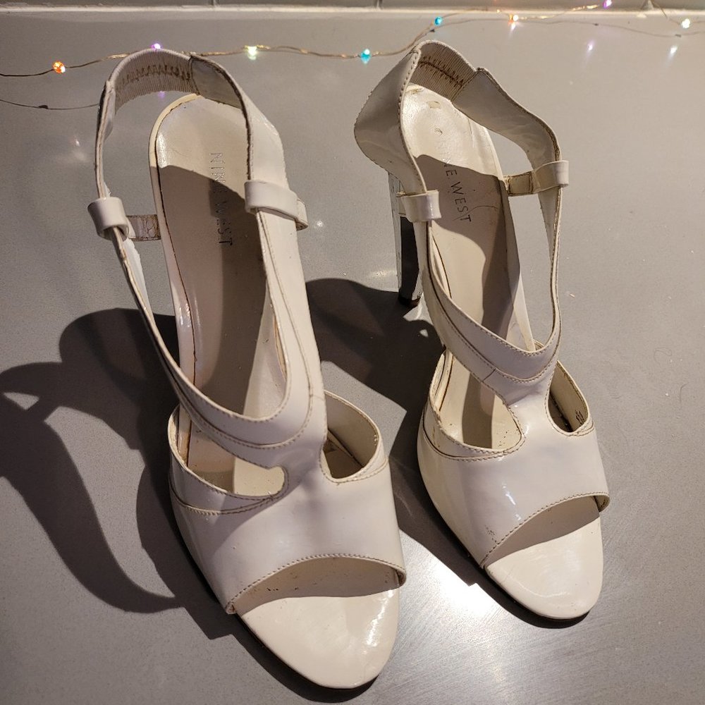Nine West White + Silver Spike Mirror Heels